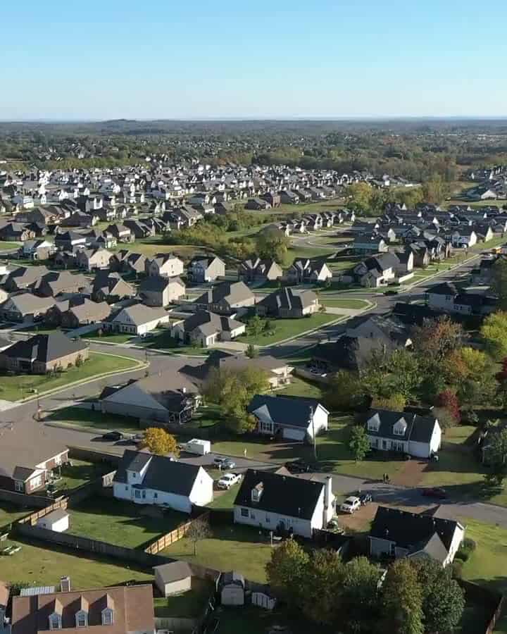 Aerial view over Texas rooftops and skyline