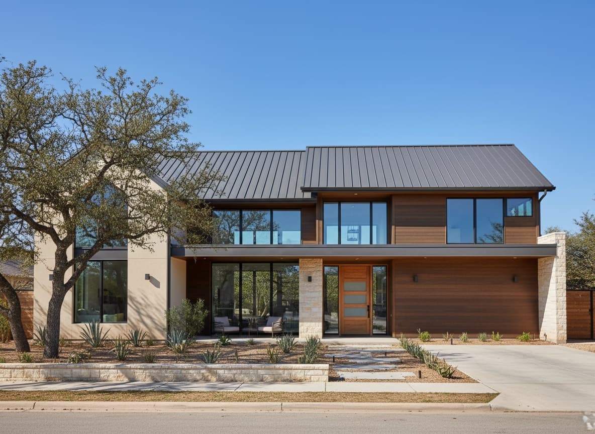 Dark standing seam metal roof on a modern two-story Hill Country home
