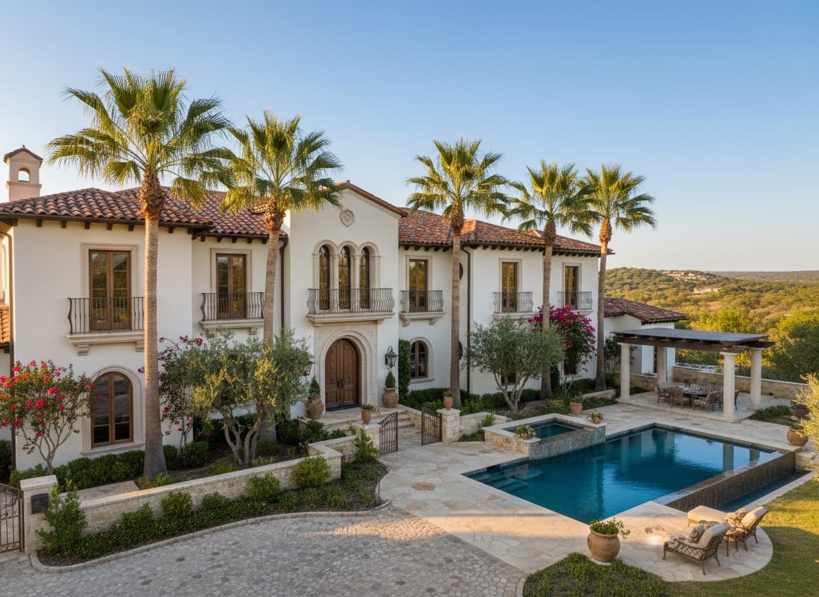 Terracotta tile roof on a Mediterranean-style estate with palm trees and a pool